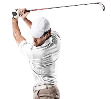 Golfer hitting golf ball mid swing